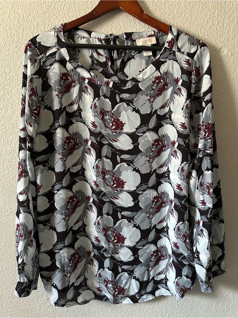 LOFT Black and White Floral Blouse with Berry Accents